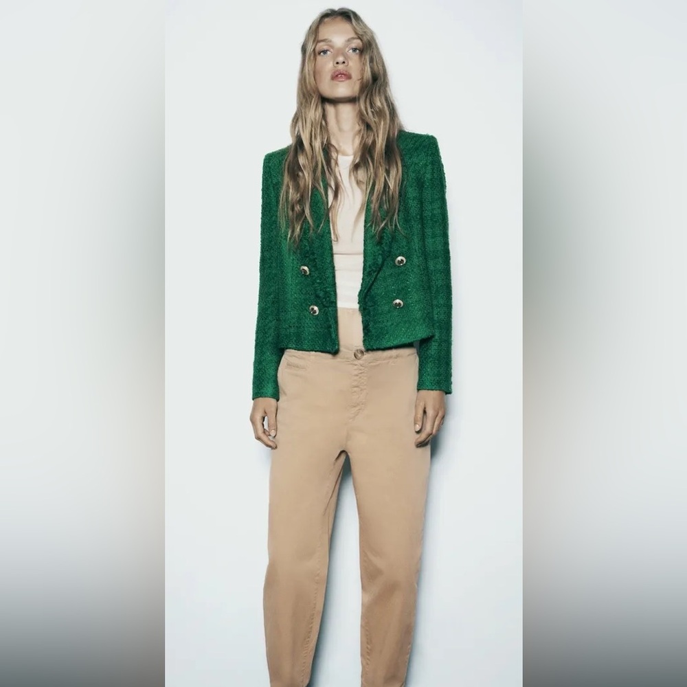 ๐(NWT) ZARA Bloggers Fav Green Tweed Double Breasted Cropped Blazer. Size XS - Picture 10 of 16